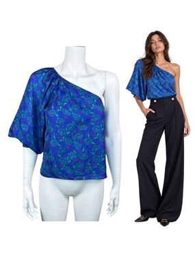 $428 Veronica Beard Silk Floral One Shoulder Blouse Top Blue Multi Size 4